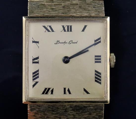 A gentlemans 1970 9ct gold Bueche Girod manual wind dress wrist watch, with Bueche Girod box.